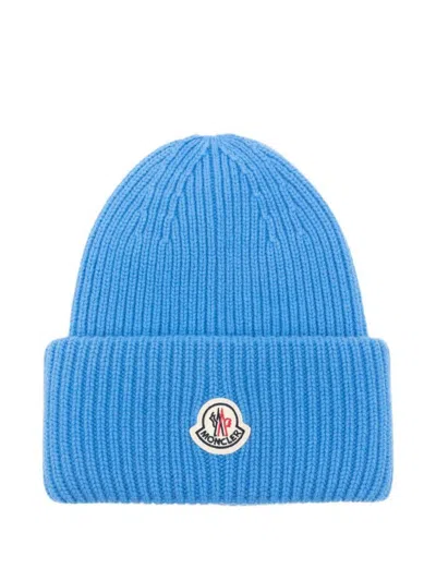 Moncler Ribbed Knit Hat Turn-up Brim In Blue