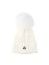 Moncler Virgin Wool Rib Beanie With Faux Fur Pompom In White
