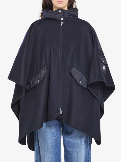 Moncler Wool And Nylon Cape In Blue