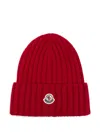 Moncler Cable-knit Wool Beanie With Logo In Burgundy In Rosso