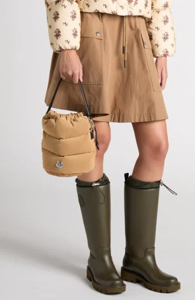 Moncler Caradoc Quilted Puffer Suede Bucket Bag In Brown