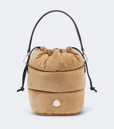 Moncler Caradoc Small Suede Down Bucket Bag In Golden Sand