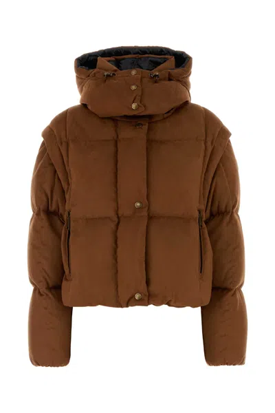 Moncler Caramel Stretch Polyester Paterne Down Jacket In Brown