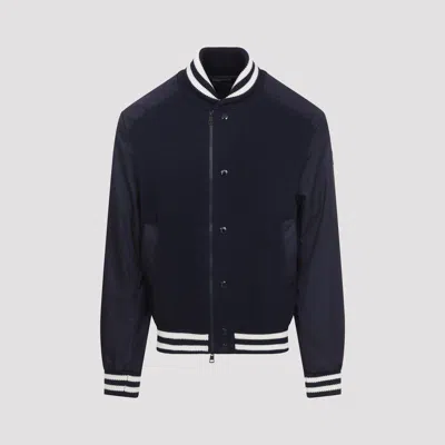Moncler Cardigan Jacket Suede Panels Ribbed Collar In Blue