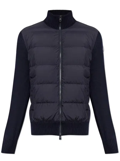 Moncler High Neck Cardigan Silk Nylon Pockets In Blue