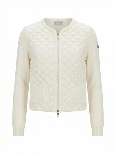 Moncler Knit Jacket Long Sleeves Round Neck Quilting In Neutral