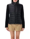 Moncler Black Quilted Cardigan With High Neck And Logo Patch On The Sleeve In Wool And Tech Fabric B In Black