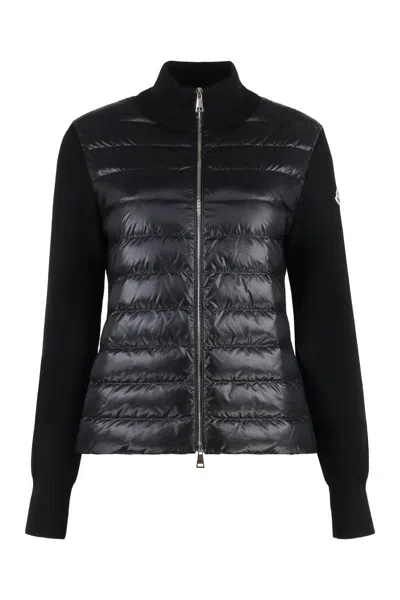 Moncler Cardigan With Nylon Panels In Black