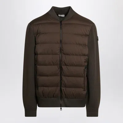 Moncler Cardigan With Padded Nylon Knit Sleeves In Burgundy
