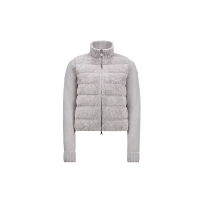 Moncler Cardigan Zippé Matelassé En Laine Et Teddy In Gray