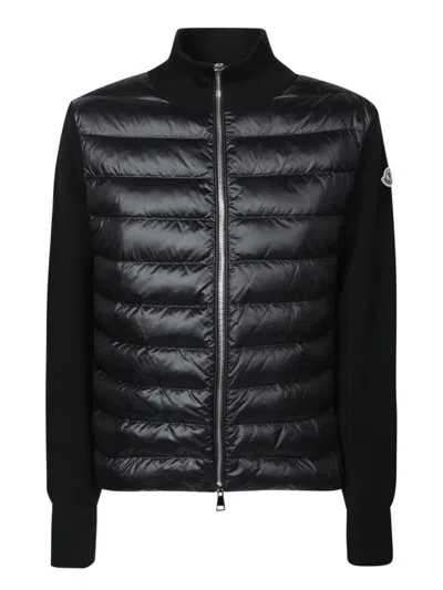 Moncler Black Quilted Cardigan With High Neck And Logo Patch On The Sleeve In Wool And Tech Fabric B In Multicolor