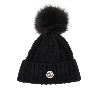 Moncler Cashmere And Wool Beanie Hat With Logo Patch In Black