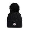 Moncler Ribbed Knit Wool Beanie With Faux Fur Pom-pom In Black