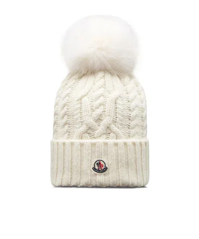 Moncler Cashmere Blend Beanie With Pom Pom In White