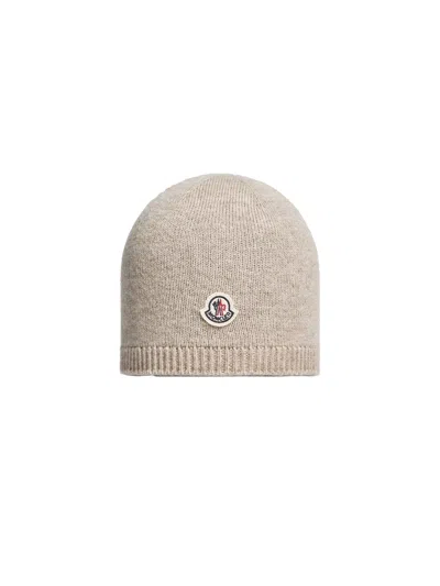Moncler Cashmere Logo Beanie Hat For Kids In Brown