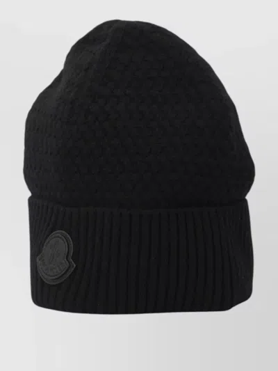 Moncler Cashmere Wool Blend Beanie Textured Knit In Black