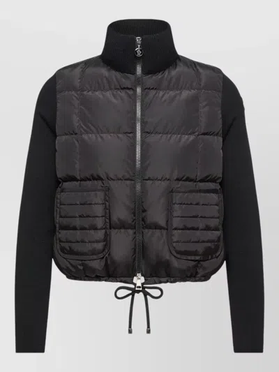Moncler Casual Cropped Jacket Contrast Sleeves Drawstring Hem In Black