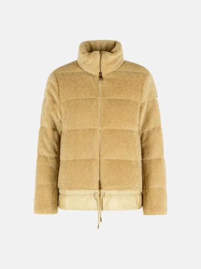 Moncler 'cedre' Short Down Jacket In Light Beige Teddy-effect Fleece In Sand