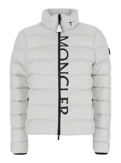 MONCLER MONCLER 'CERCES' WHITE HIGH NECK DOWN JACKET WITH LOGO PRINT IN TECH FABRIC WOMAN