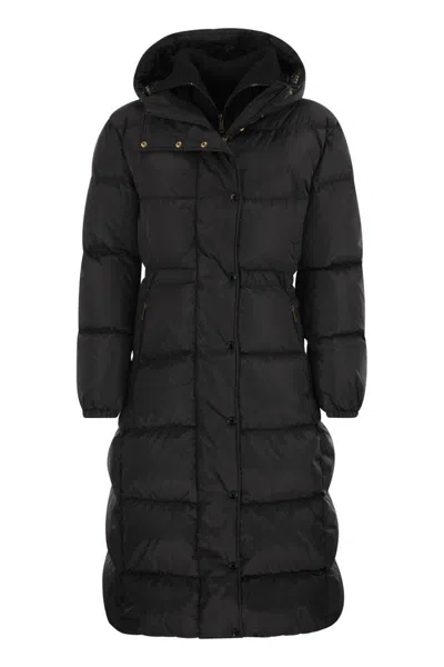 Moncler Chamer - Long Down Jacket With Hood And Wool Trim In Black