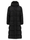 Moncler The Long Down Jacket With Hood And Wool Trims In Blue