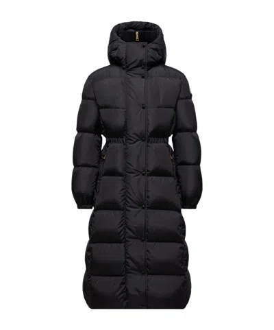 Moncler Chamer Wool-trimmed Hooded Long Down Jacket In Black