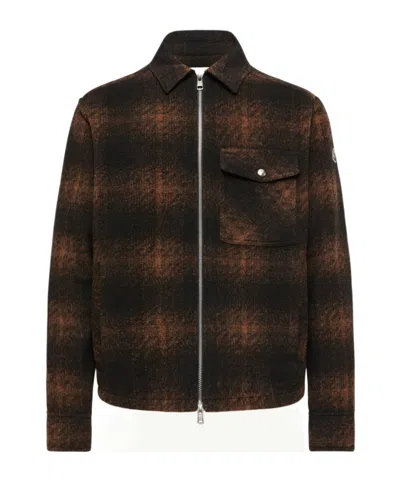 Moncler Check Jersey Zip-up Shirt In Brown