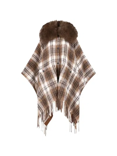 Moncler Faux Fur-trimmed Reversible Checked Poncho In Brown