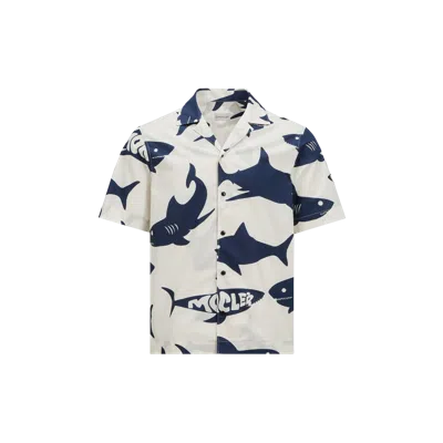 Moncler Shark Print Cotton Short Sleeve Shirt Multicolor In Blue