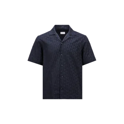 Moncler Monogram Jacquard Cotton Shirt Blue In Bleu