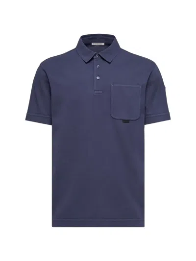 Moncler Leather Logo Cotton Piquet Polo Shirt In Blue