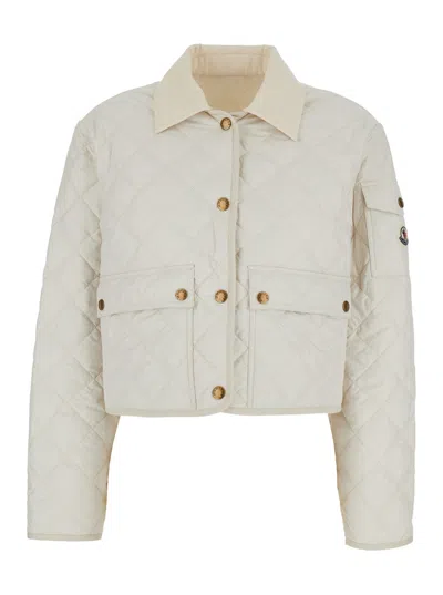 MONCLER MONCLER 'CHITRE' WHITE DOWN JACKET WITH LOGO PATCH APPLIED ON THE SLEEVE AND FRONT POCKETS IN TECH F