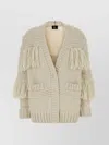 Moncler Chunky Knit Cardigan With Fringe And Pockets In Neutral