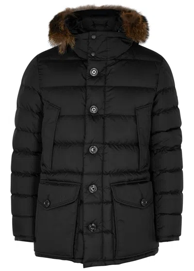 Moncler Cluny Navy Fur-trimmed Quilted Shell Coat In Black