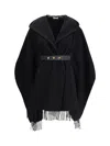 Moncler Hooded Cape With Belted Waist And Fringed Hem In Black