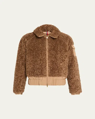 Moncler Coligny Teddy Short Down Jacket In Brown