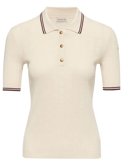 Moncler Colther Short Sleeve Button-front Knit Logo Pattern Top In Neutral