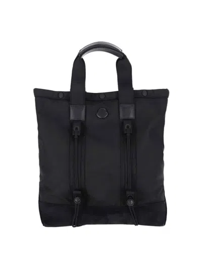 Moncler Compact Black Water-repellent Tote With Leather Accents And Jacquard Logo