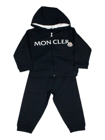 Moncler Kids' Complete With Zip-up Sweatshirt With Long-sleeved Hood In Fine Cotton And Trousers With Elastic Wais In Blu