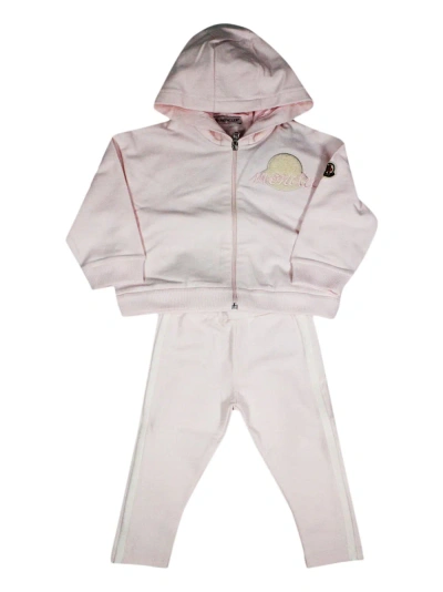 Moncler Kids' Complete With Zip-up Sweatshirt With Long-sleeved Hood In Fine Cotton And Trousers With Elastic Wais In Pink