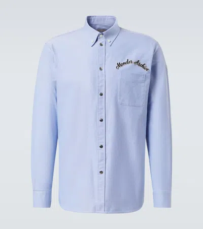 Moncler Cotton Embroidered Logo Button Down Shirt In Cool Blue