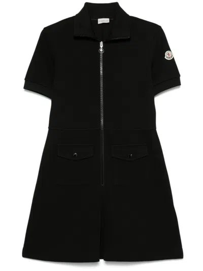 Moncler Cotton Blend Polo Dress With Front Zip And Signature Compass Motif In Black