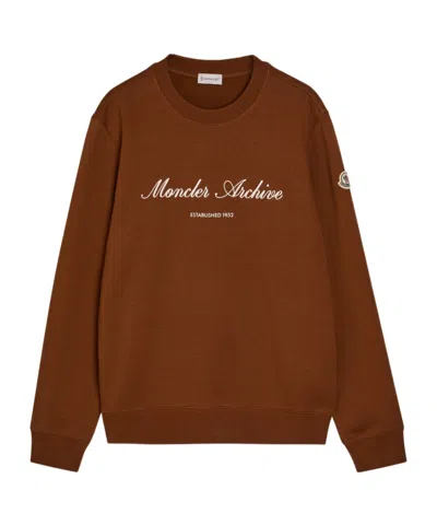 Moncler Cotton Blend Sweatshirt Embroidered With Brand Logo In Brown
