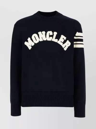 Moncler Cotton Crew Neck Jumper With Ribbed Cuffs And Hem In Black