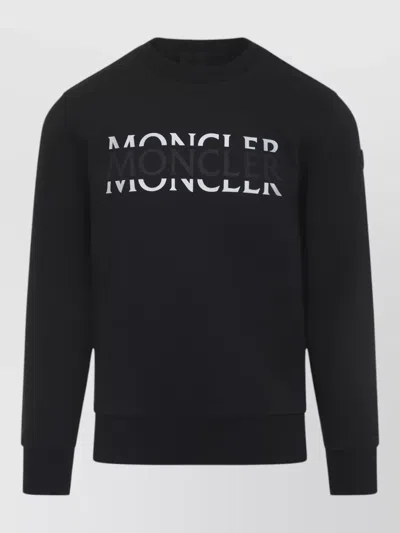 Moncler Cotton Crew Neck Sweatshirt Ribbed Finishes In Black