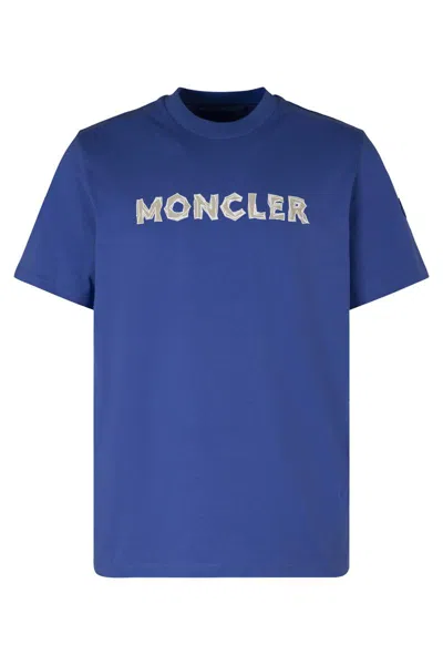 Moncler Short Sleeve Crew Neck Cotton T-shirt In Blue