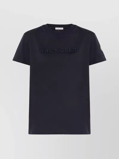 Moncler Cotton Crew Neck T-shirt With Embroidered Logo In Black