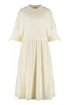 Moncler Midi Cotton Dress Featuring Drawstring Waist In Neutral