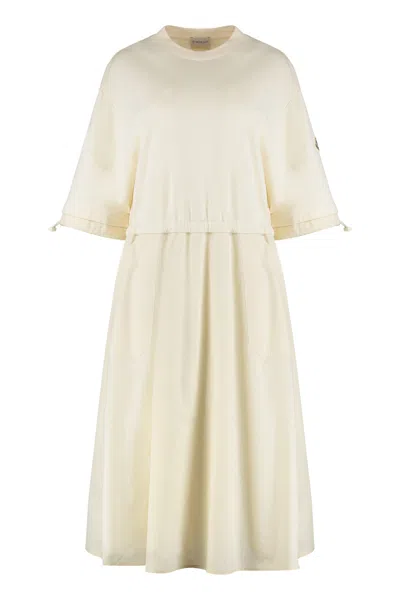Moncler Cotton Dress With Logo Detail And Elastic Waistband In White