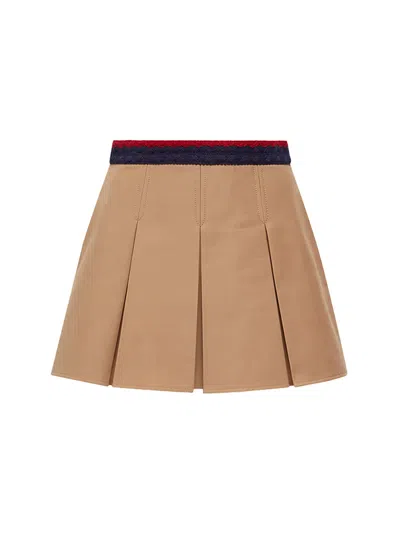 Moncler Cotton Gabardine Pleated Mini Skirt In Brown